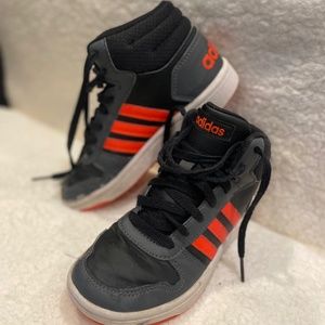 EUC - Adidas Kids Hoops 2.0 High Top Sneakers Black & Orange Size 1